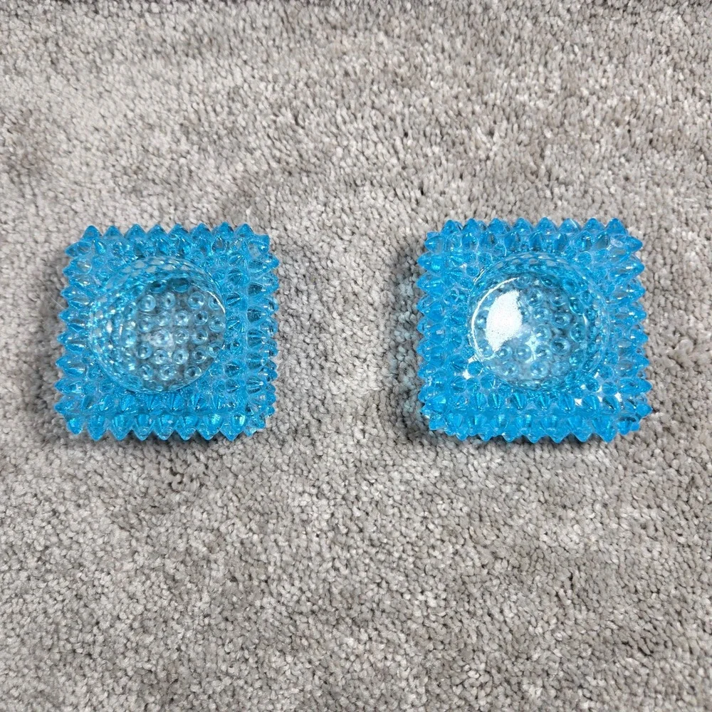 Vintage Hobnail Glass Candle Holder Set Turquoise Blue Square Votive Pair